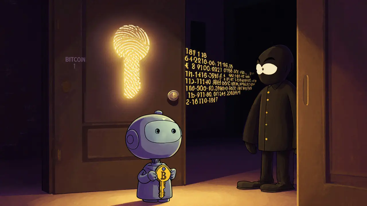 A robot holding a golden key in front of a digital door, with a hacker trying to guess the key behind.