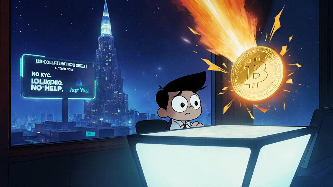 A trader facing a crashing WIF coin as a golden Collateral Shield activates, with liquidation alerts on screen.