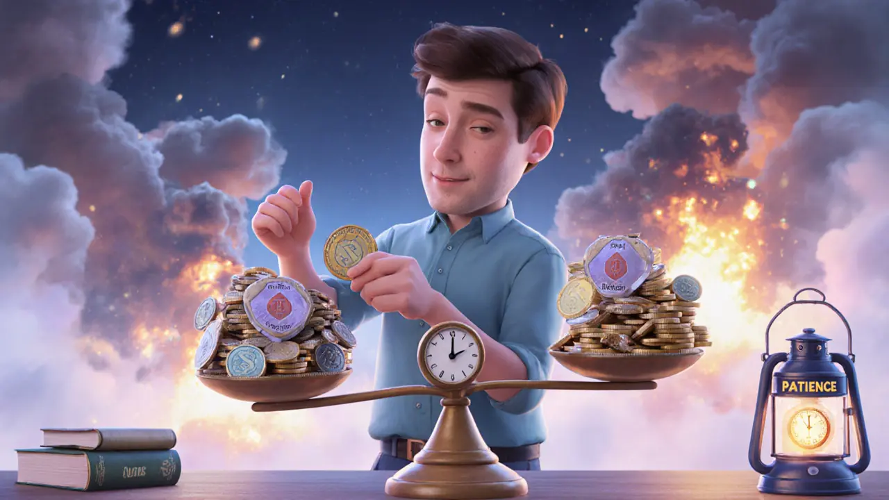 An experienced trader balancing leverage against discipline, stop-losses, and patience in a calm, wise scene.