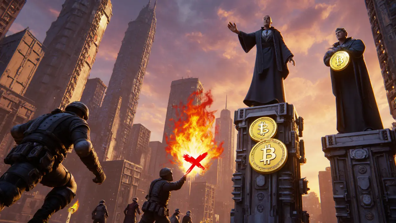 Bitcoin miners and Ethereum validators securing a digital city with glowing blocks and slashing penalties.