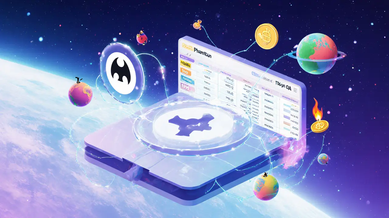 Floating Solana tokens around a digital interface, with a wallet connecting to an order book and a burning QTO token.