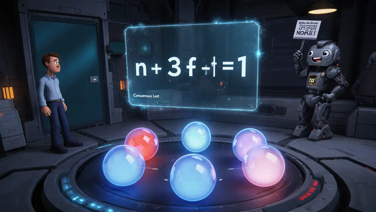 Seven floating nodes in a control room, five blue and two red, with holographic consensus equation above.