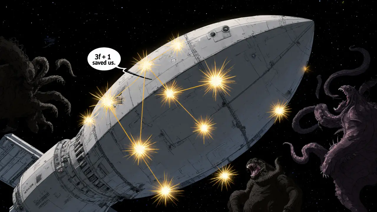 Spacecraft with seven nodes, five glowing safely as two fail, repelling chaotic space threats.