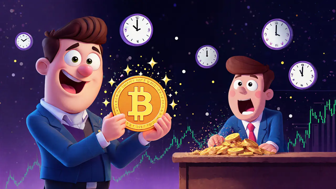 Two traders facing opposite outcomes: one celebrating price gains, the other watching collateral vanish.