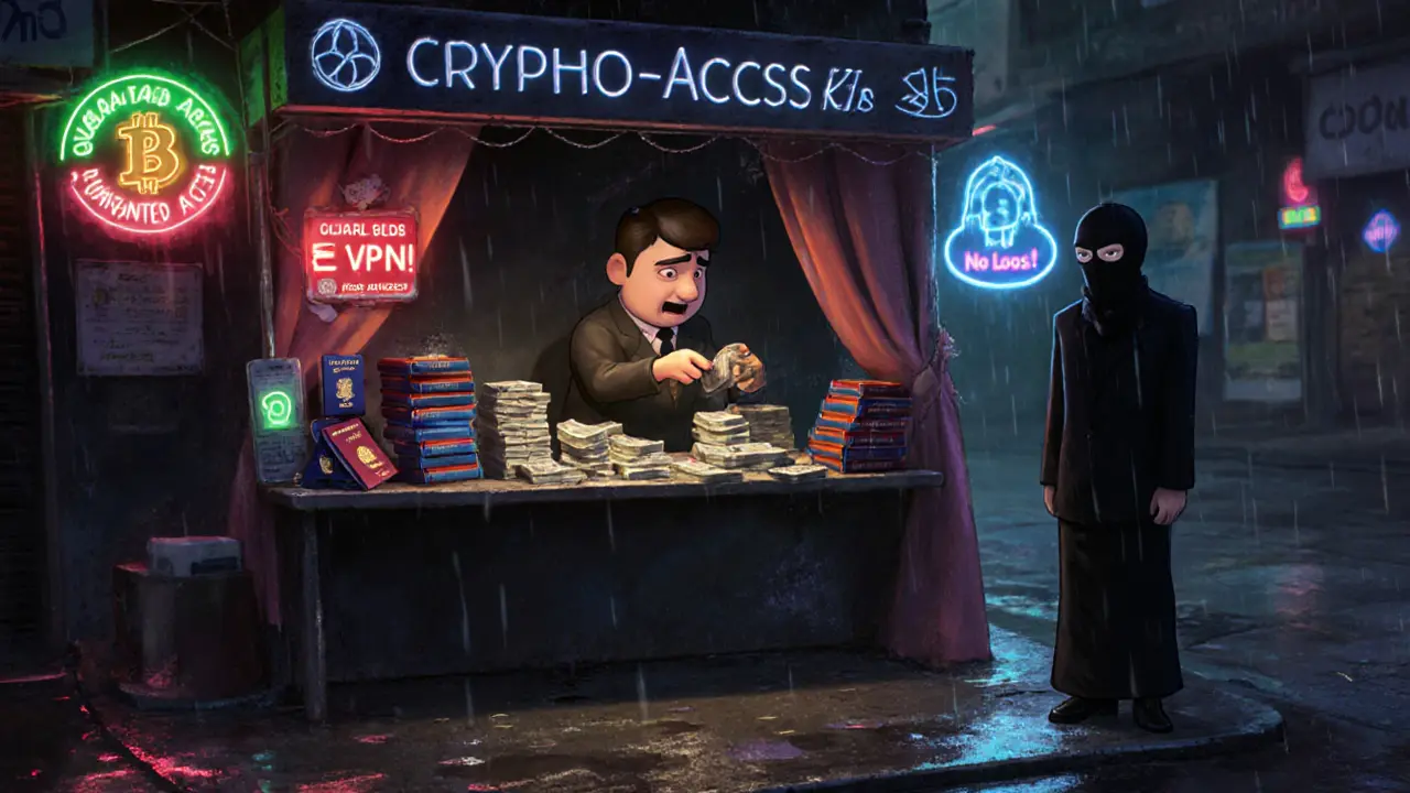 A black-market stall sells fake IDs and VPN kits to crypto traders under watchful eyes in a Tehran alley.