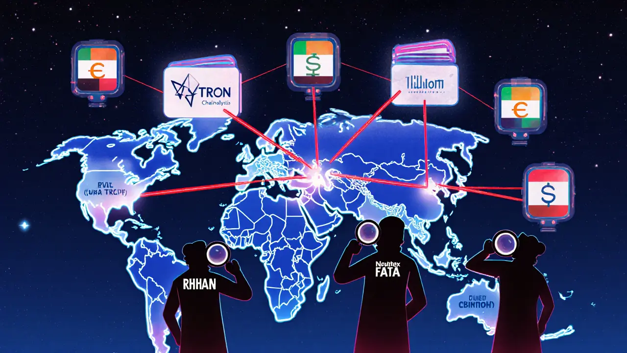 A blockchain map shows Iranian crypto flows being monitored by shadowy analysts with glowing warning signs.