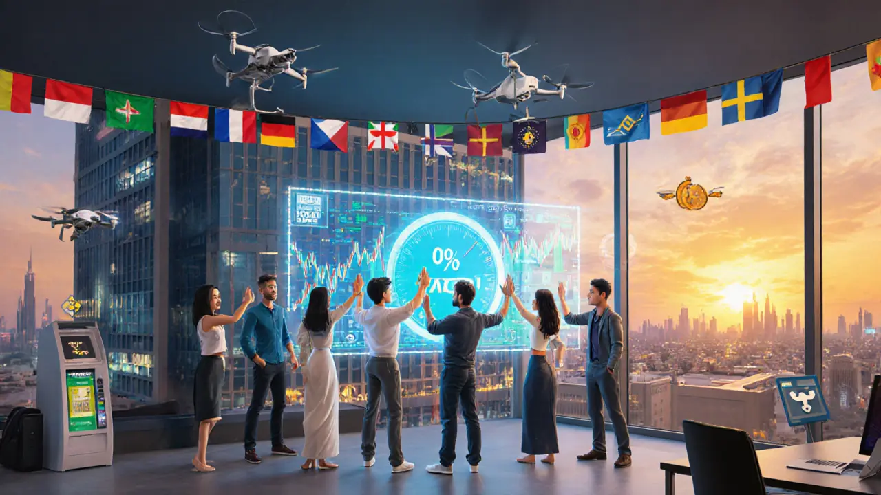 A diverse team of crypto traders celebrates in a Dubai Free Zone office with a holographic &#039;0% TAX&#039; counter rising behind them.