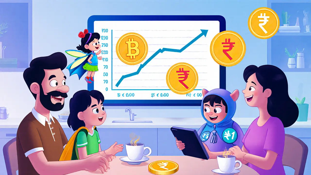 A family learning about crypto taxes with animated tax fairies and goblins.