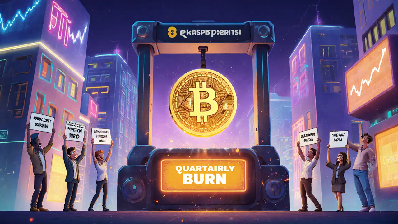 A futuristic crypto city with a giant BNB coin being burned in a furnace while investors celebrate.
