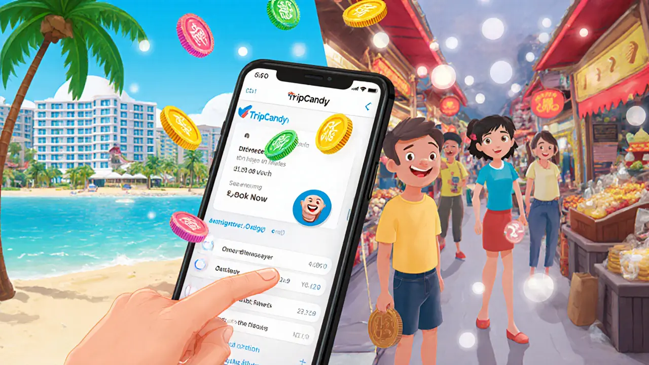 A hand booking travel on a smartphone as CANDY tokens rain into a digital wallet.