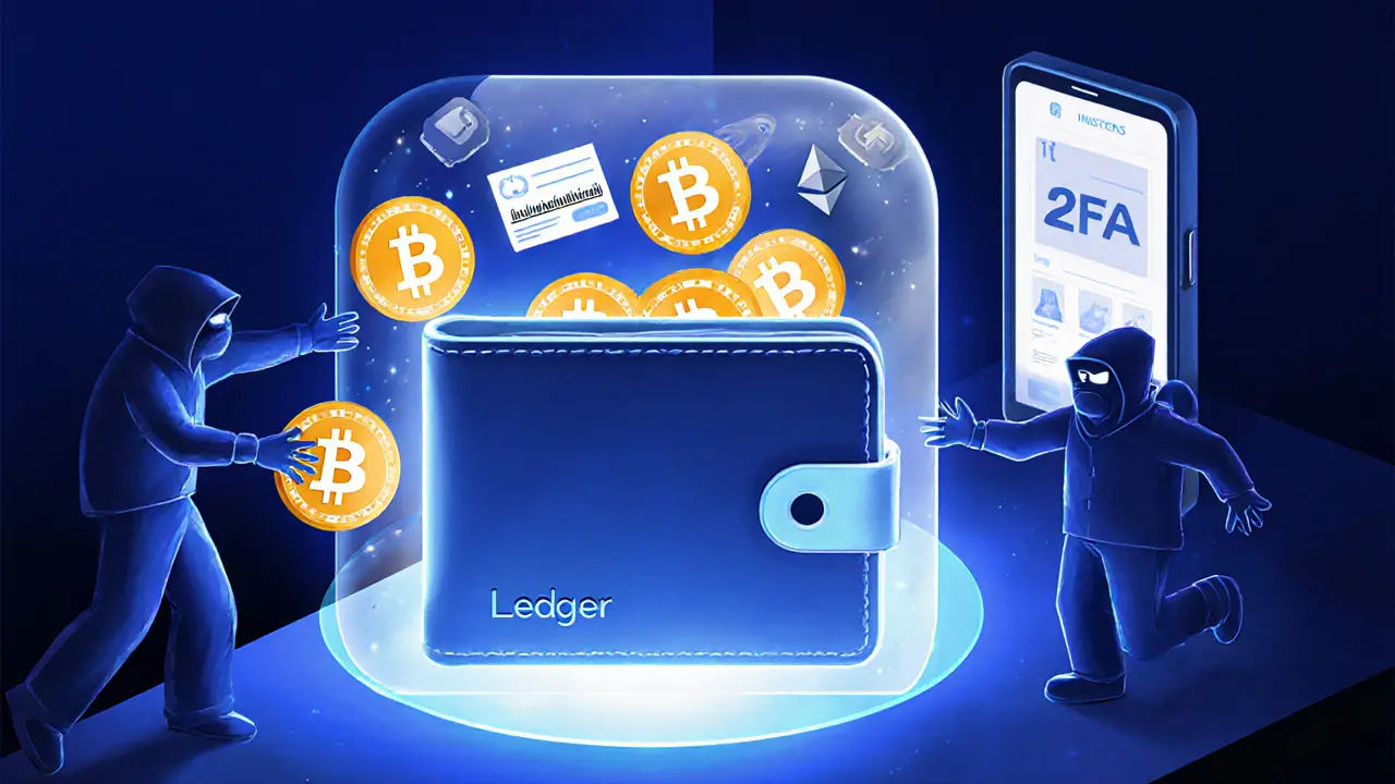 A hardware wallet protected by a force field from hacker attempts.