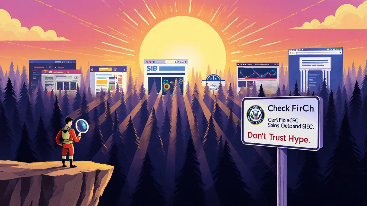 A hero with a magnifying glass stands before a forest of fake crypto websites under a rising sun.