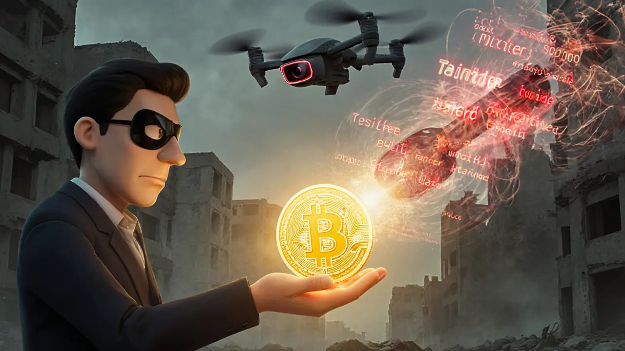 A journalist receives a private Bitcoin donation, with mixer code blurring its origin amid surveillance drones.