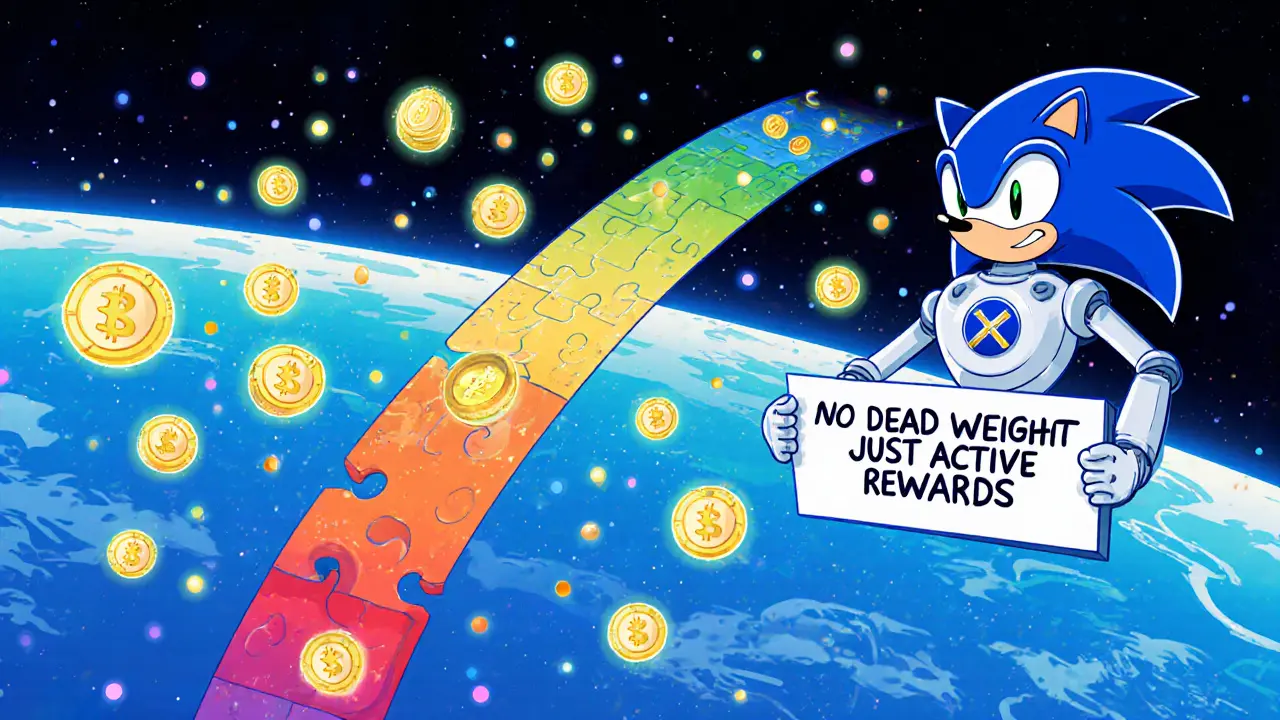 A narrow rainbow liquidity band glows as users place tokens precisely, with reward particles swirling around them.