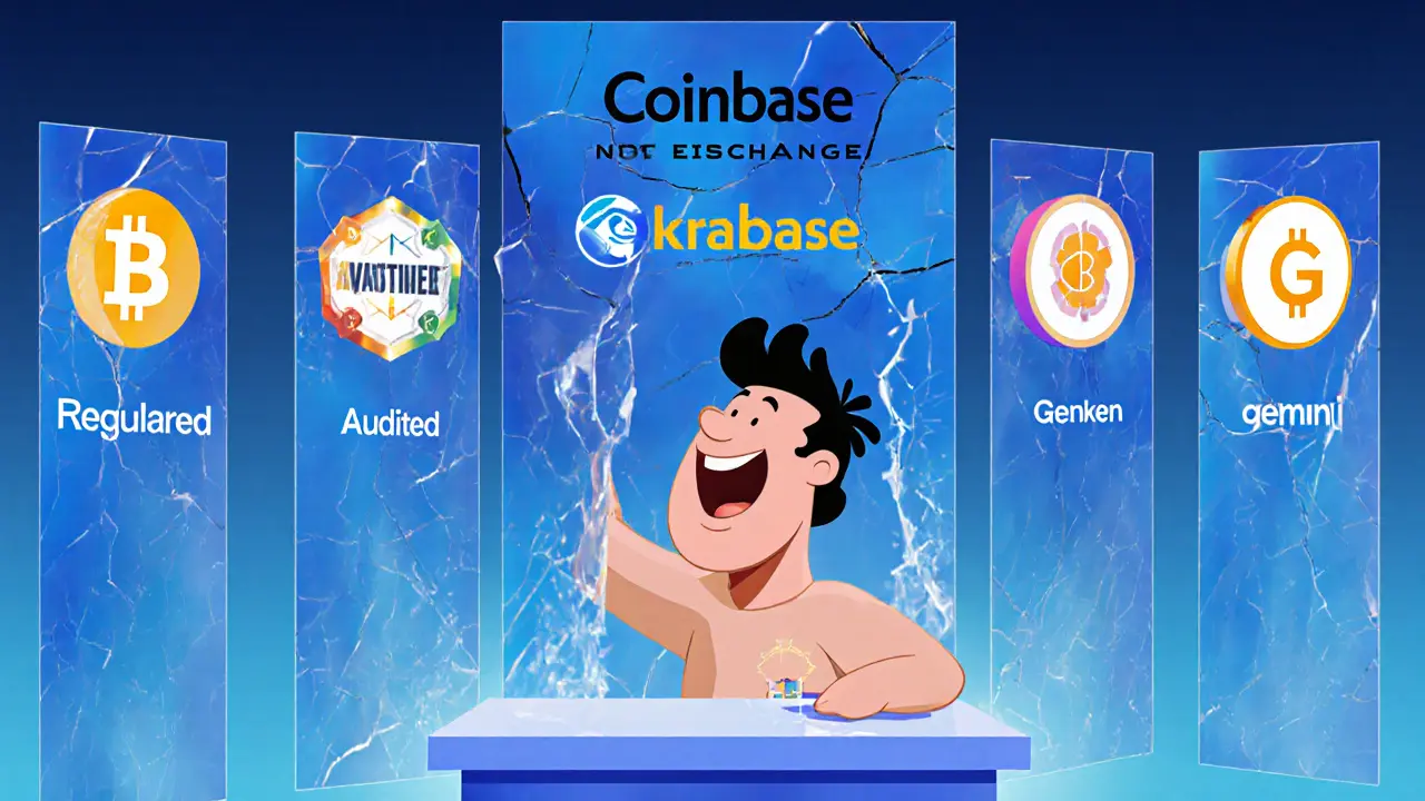 A person depositing crypto into a fake site while real exchanges glow safely in the background.