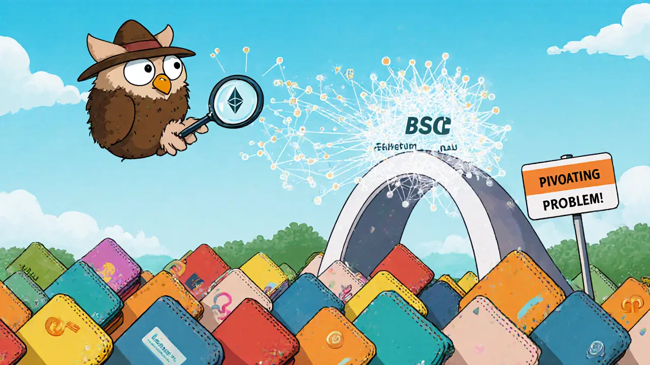 A thief&#039;s wallet sends dust to many wallets while an AI owl watches, with a bridge portal labeled &#039;Ethereum to BSC&#039; in the background.