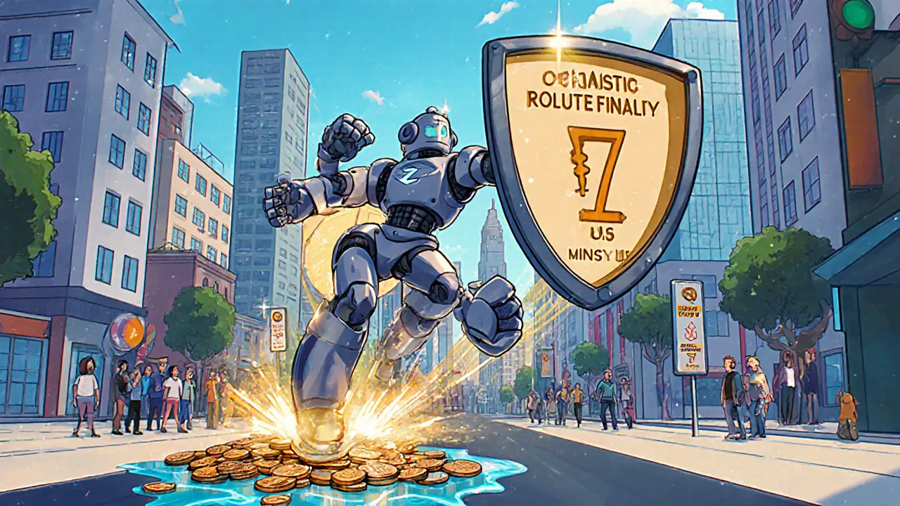 A vibrant city with fast ZK-rollup portals and slow Optimistic Rollup lanes, featuring a hero robot defeating gas fees.