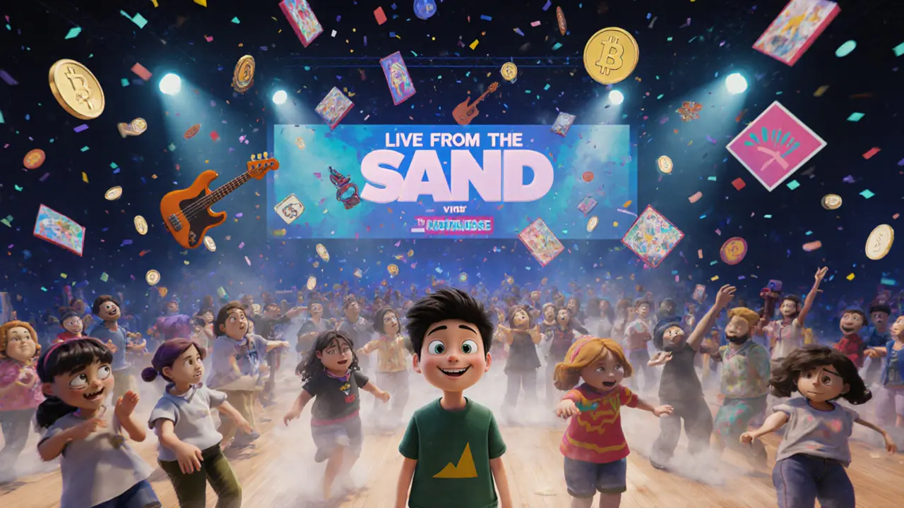 A virtual concert with dancing avatars and falling SAND tokens under a glowing metaverse sky.