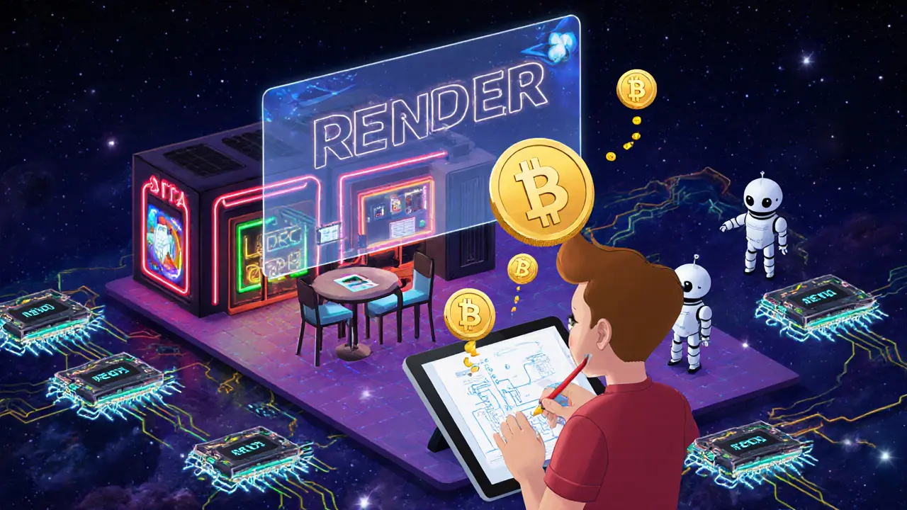 An artist creating 3D art as RENDER tokens power a network of glowing GPUs in a cosmic server space.