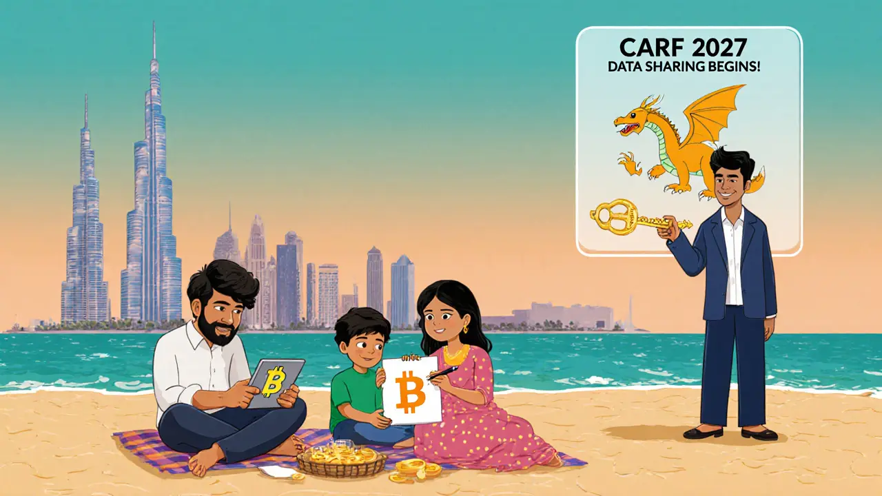 An Indian expat family has a picnic on a Dubai beach, with a child drawing a Bitcoin dragon over the Burj Khalifa.