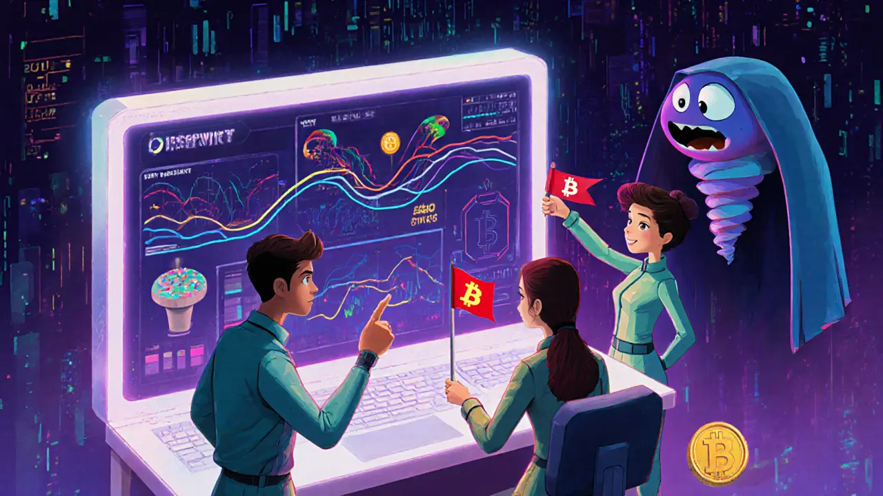 Analysts monitor a multi-chain dashboard with money trails flowing between blockchains, near a hidden privacy coin monster in Pixar style.