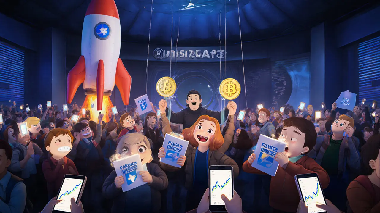 Cartoon users on devices reacting to wild FISH2 price spikes, a deflating SpaceX rocket reveals a scam control room.