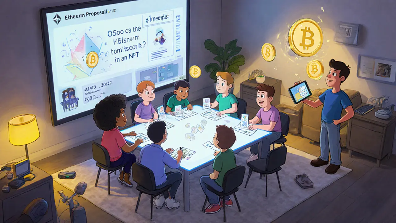 Community members voting on proposals with MEME tokens, holographic blockchain visible behind them.