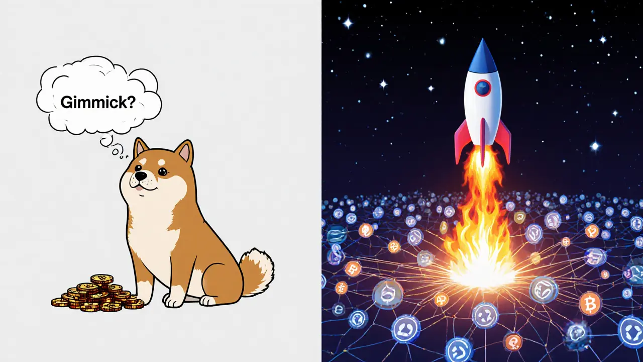 Contrasting scenes: one token ignored beside scattered burns, another powering a rising rocket with steady burns.