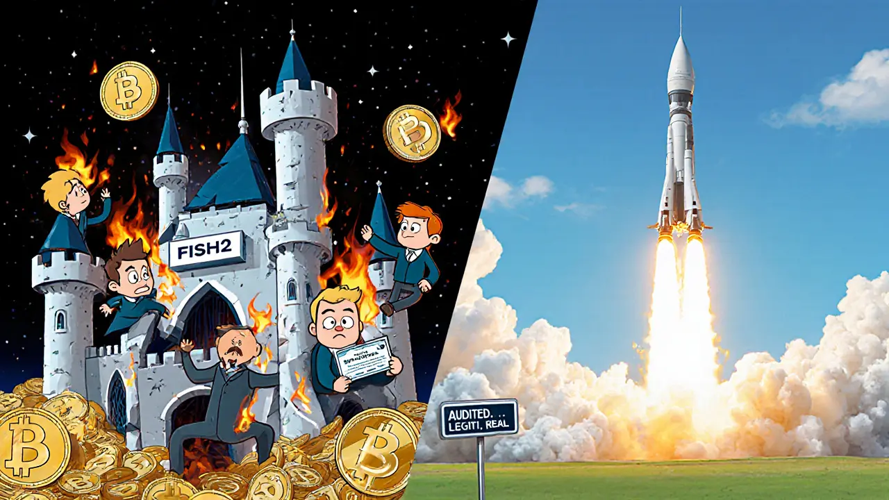 FISH2 crypto castle collapsing into void as investors fall, real SpaceX rocket launches safely in distance.