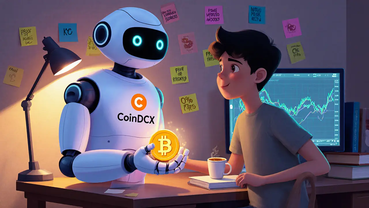 Friendly robot handing Bitcoin to a student, with KYC and fee notes on wall, warm desk light, chai cup nearby.