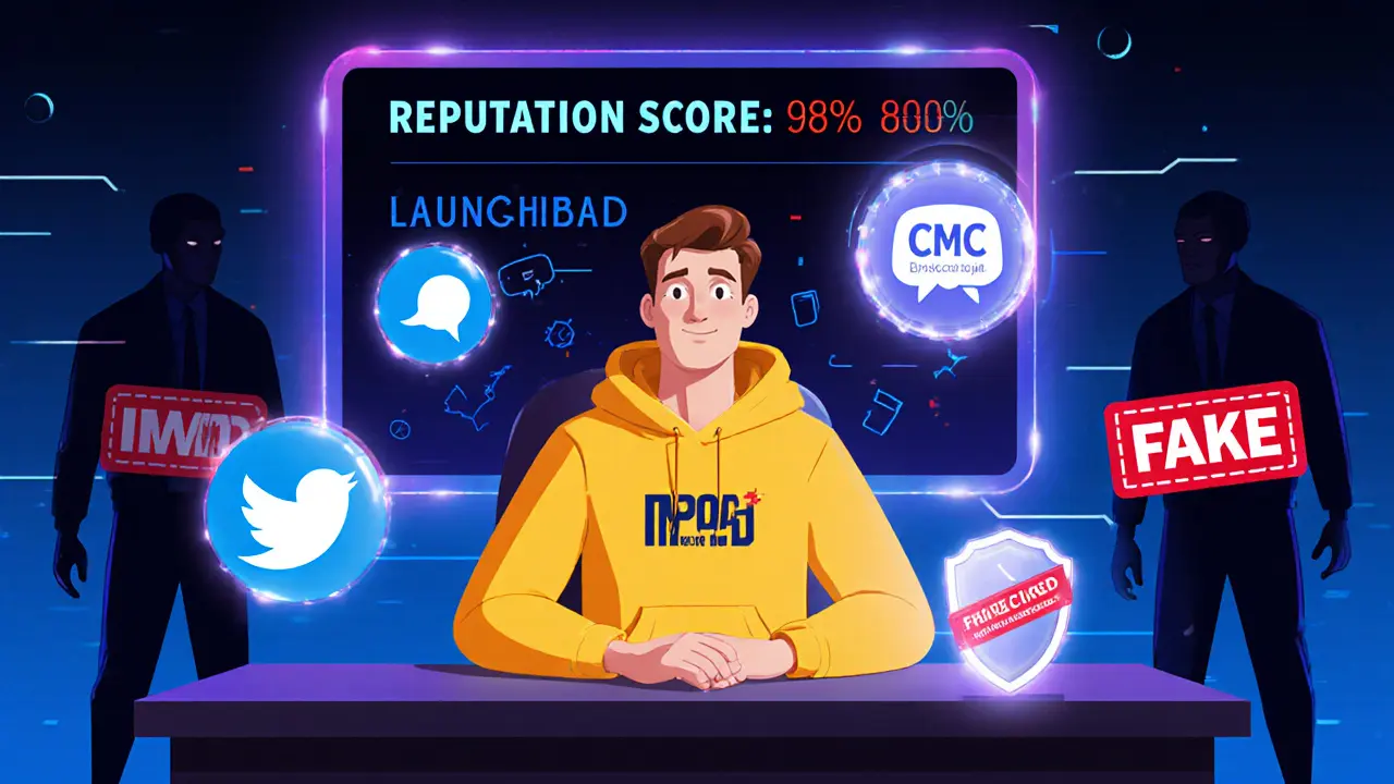 Hero character with reputation score high, blocking scammer figures with official CMC shield