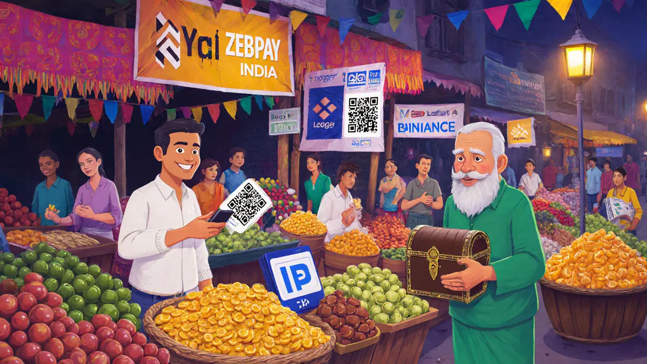 Market stall selling crypto portfolios like groceries, customers paying with UPI, elderly man holding Ledger wallet.