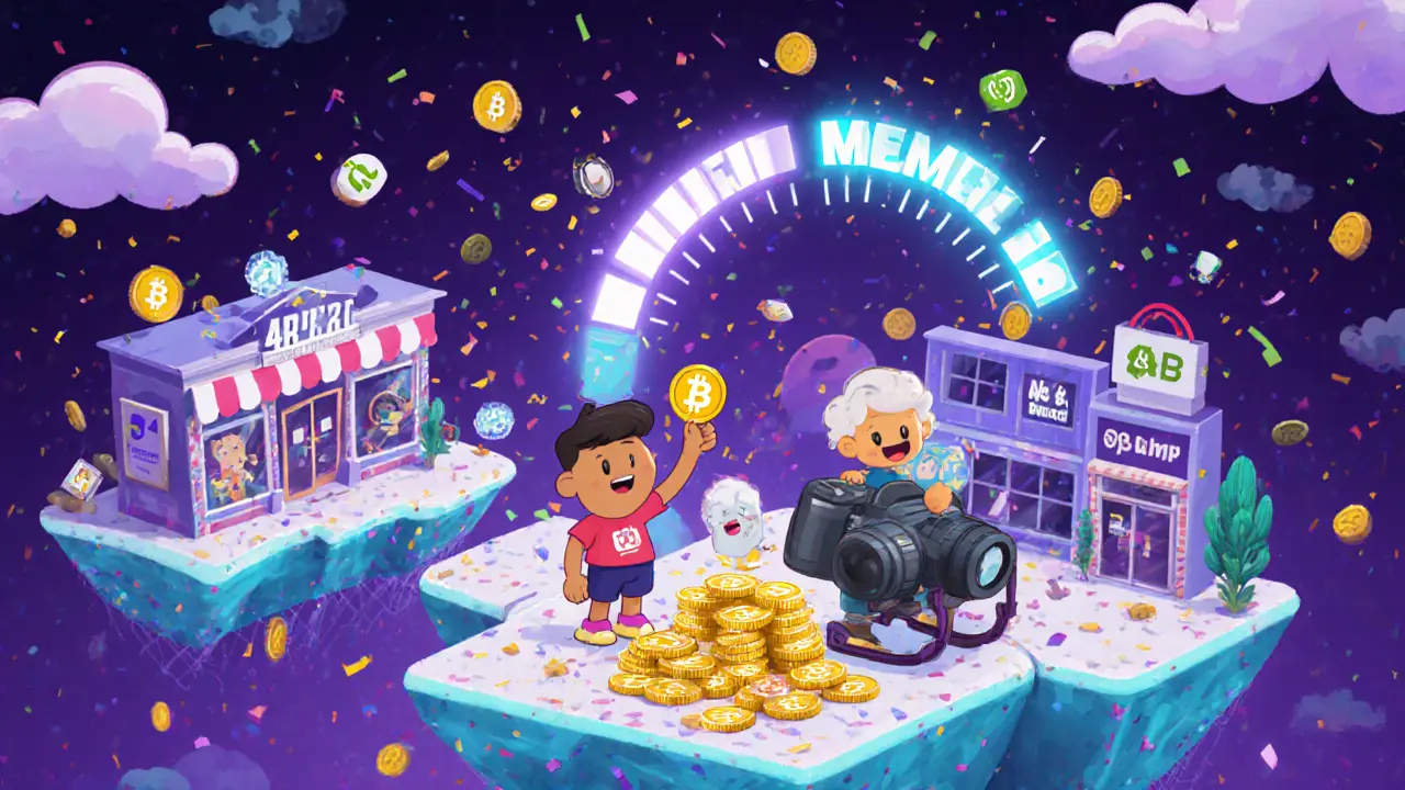 Meme creators trading NFTs in a vibrant online marketplace with burning token counter in sky.