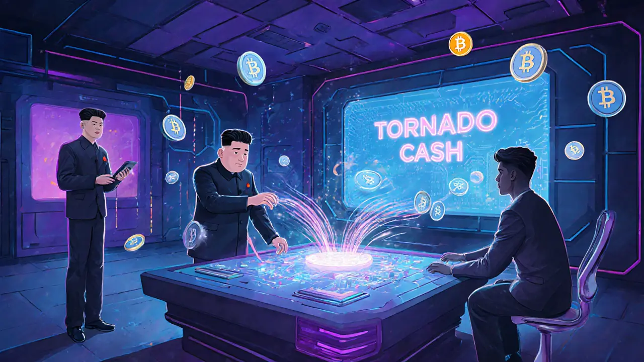 North Korean hackers interacting with floating holographic crypto mixer contracts in a high-tech lab.