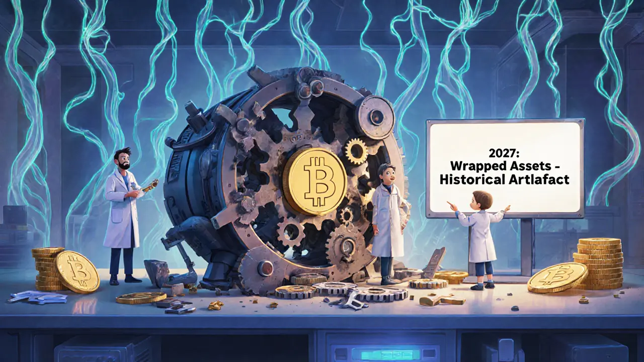 Scientists dismantling an old WBTC machine as native blockchain networks glow in the background.