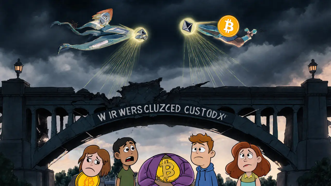 Worried wrapped tokens under a crumbling bridge, while new cross-chain heroes soar above.