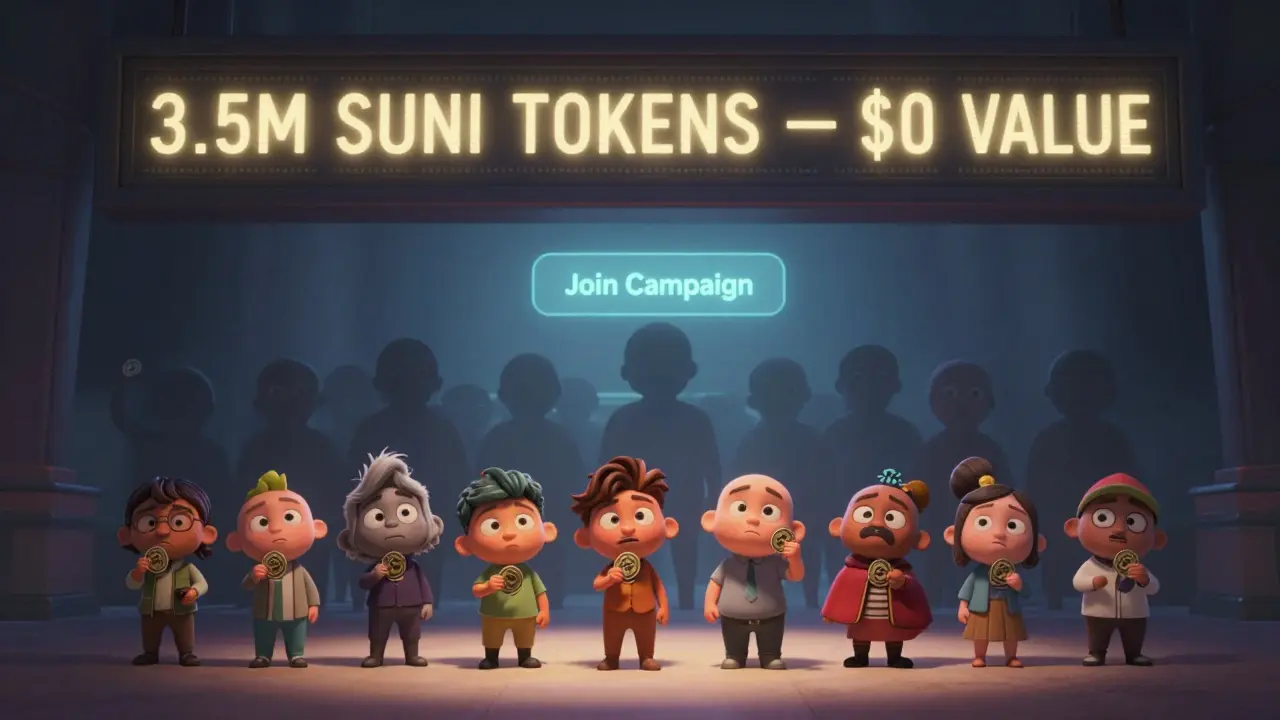 850 people stand in line holding SUNI tokens worth <h2>What’s the Point? Why Even Do This?</h2>, as a faceless team disappears into mist.