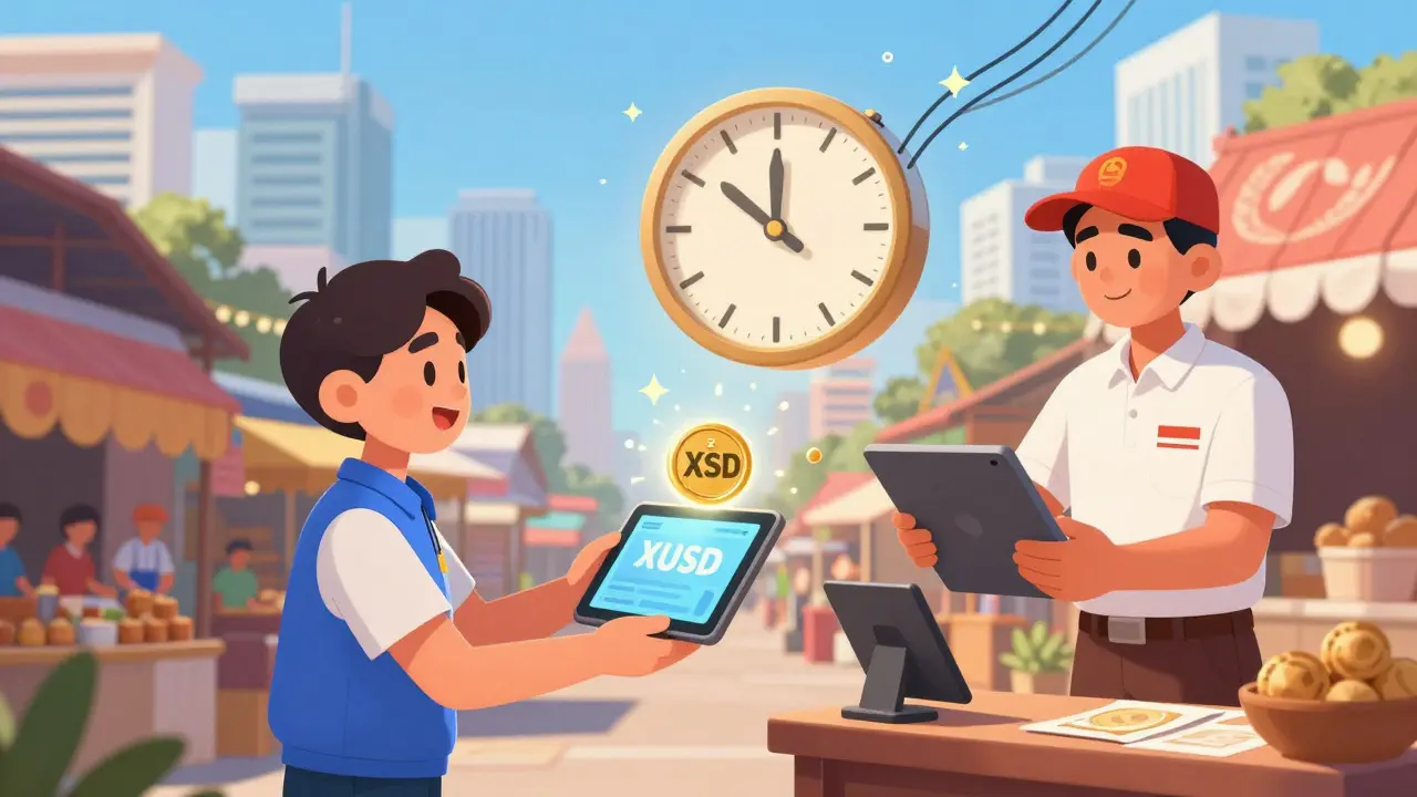 A business owner in Malaysia transfers XUSD to a vendor in Indonesia, symbolizing fast cross-border payments.