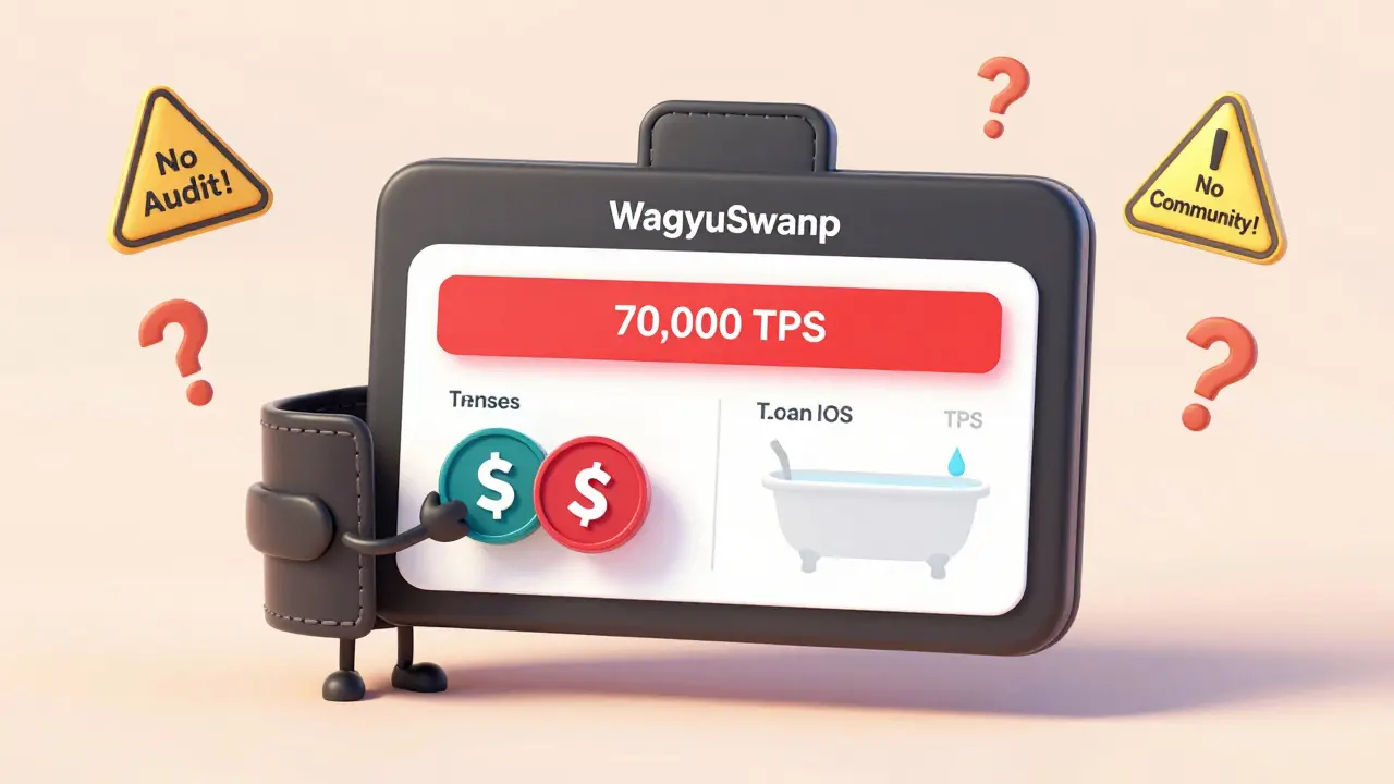 A cartoon wallet attempts a swap on WagyuSwap with empty liquidity bars and a big red slippage warning.
