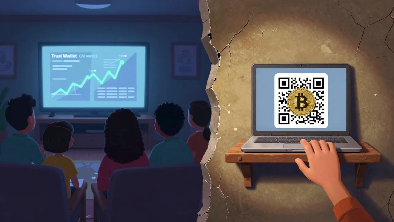 A cracked wall separates a family watching TV from a hidden crypto wallet on a shelf.