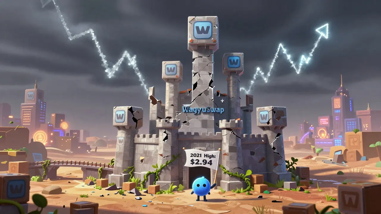 A crumbling castle made of WAG tokens fades on a barren blockchain island under a falling price storm.