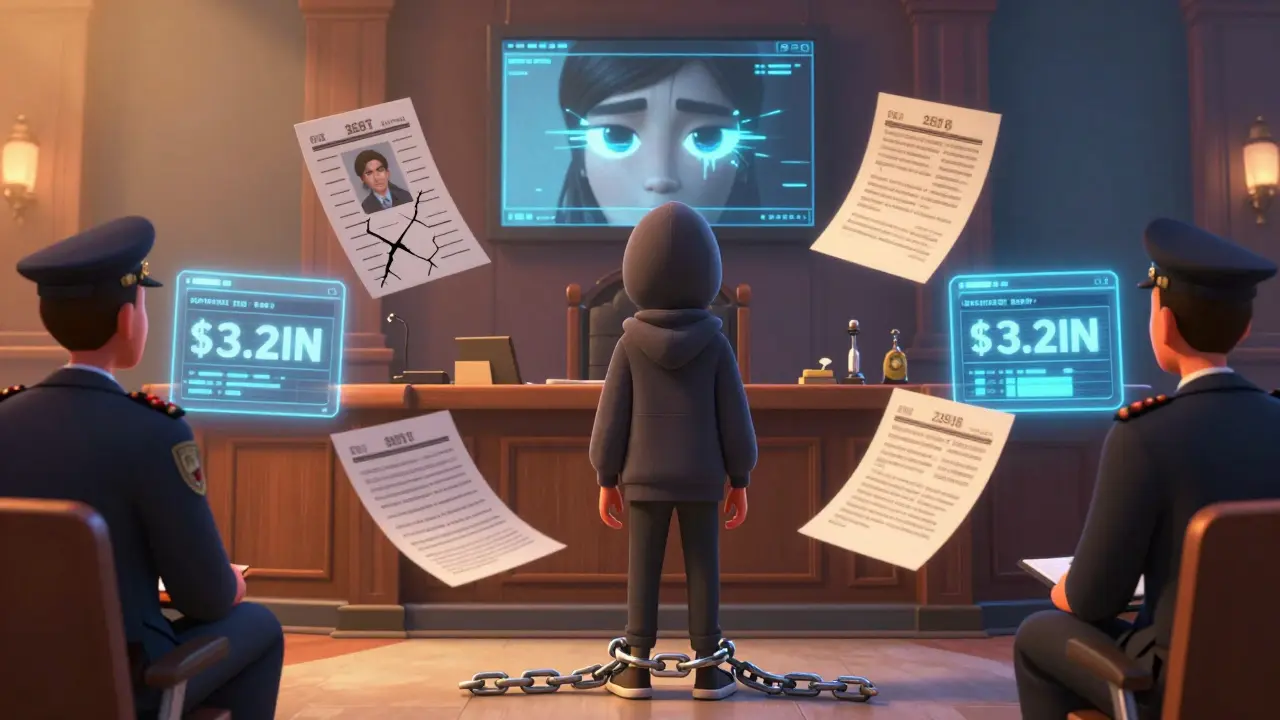 A defendant in court surrounded by floating fake documents and blockchain chains, under dramatic lighting.