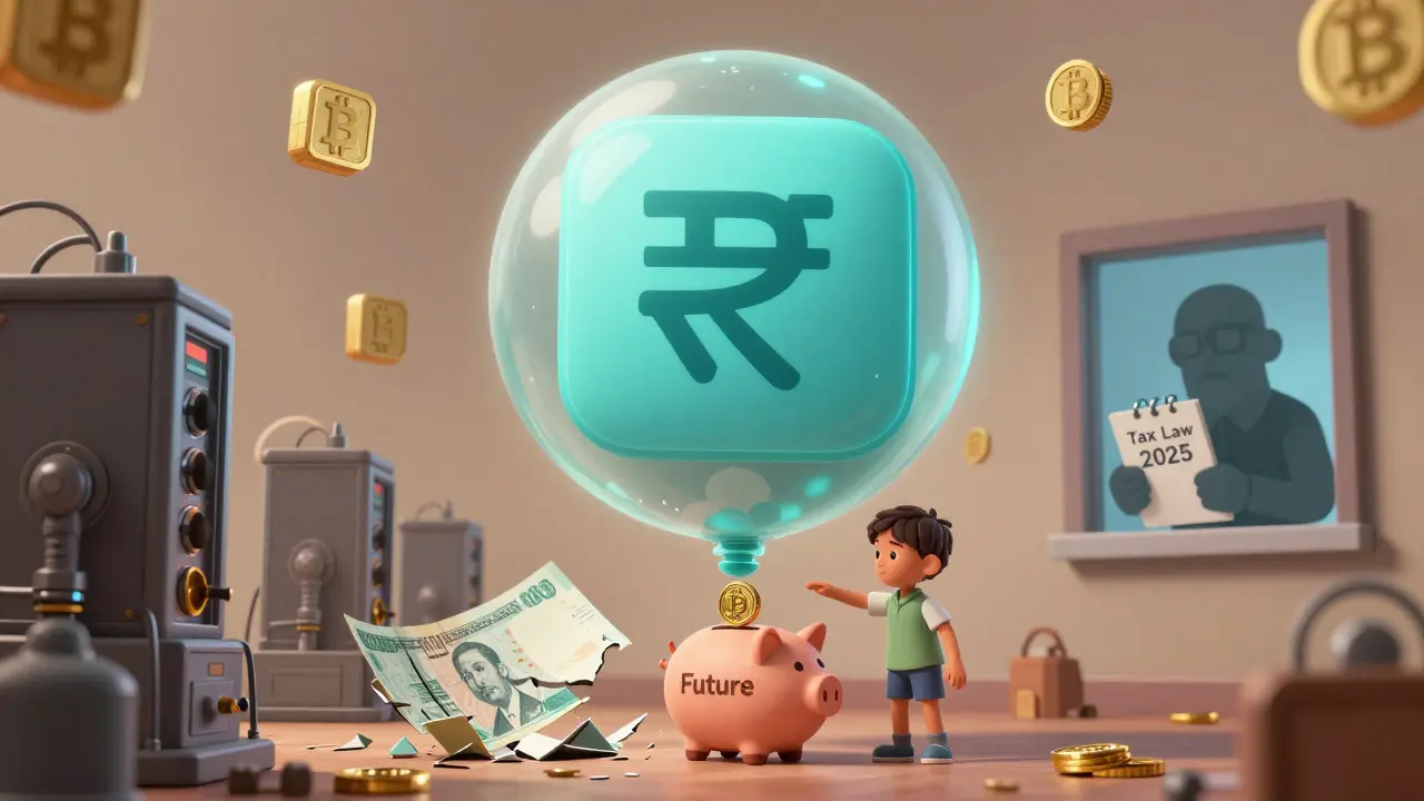 A digital rial balloon deflates as a child saves DAI coins, while mining rigs loom overhead.