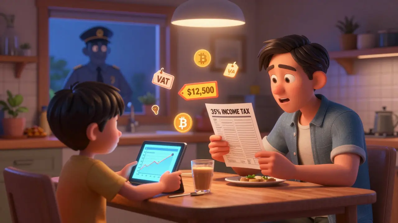 A family at dinner with crypto tax warnings floating above the table, illustrating Mexico's crypto tax rules.