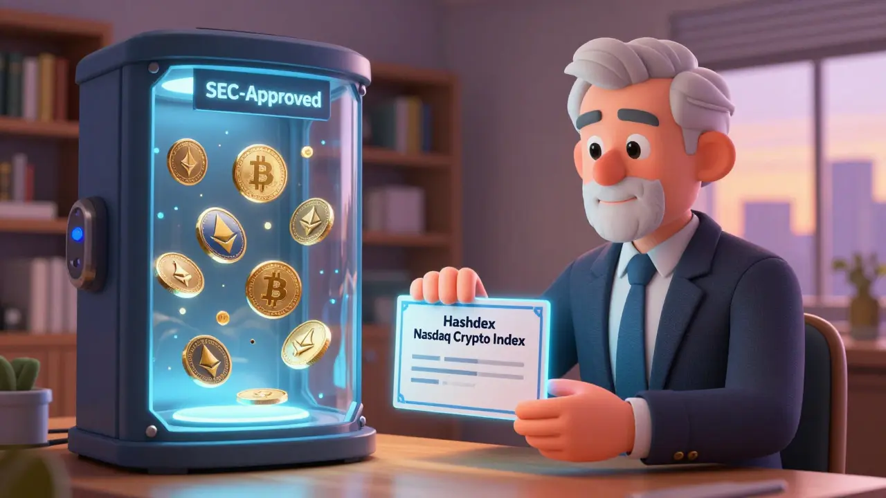 A financial advisor adds a crypto ETF to a retirement account with calm investors nearby.