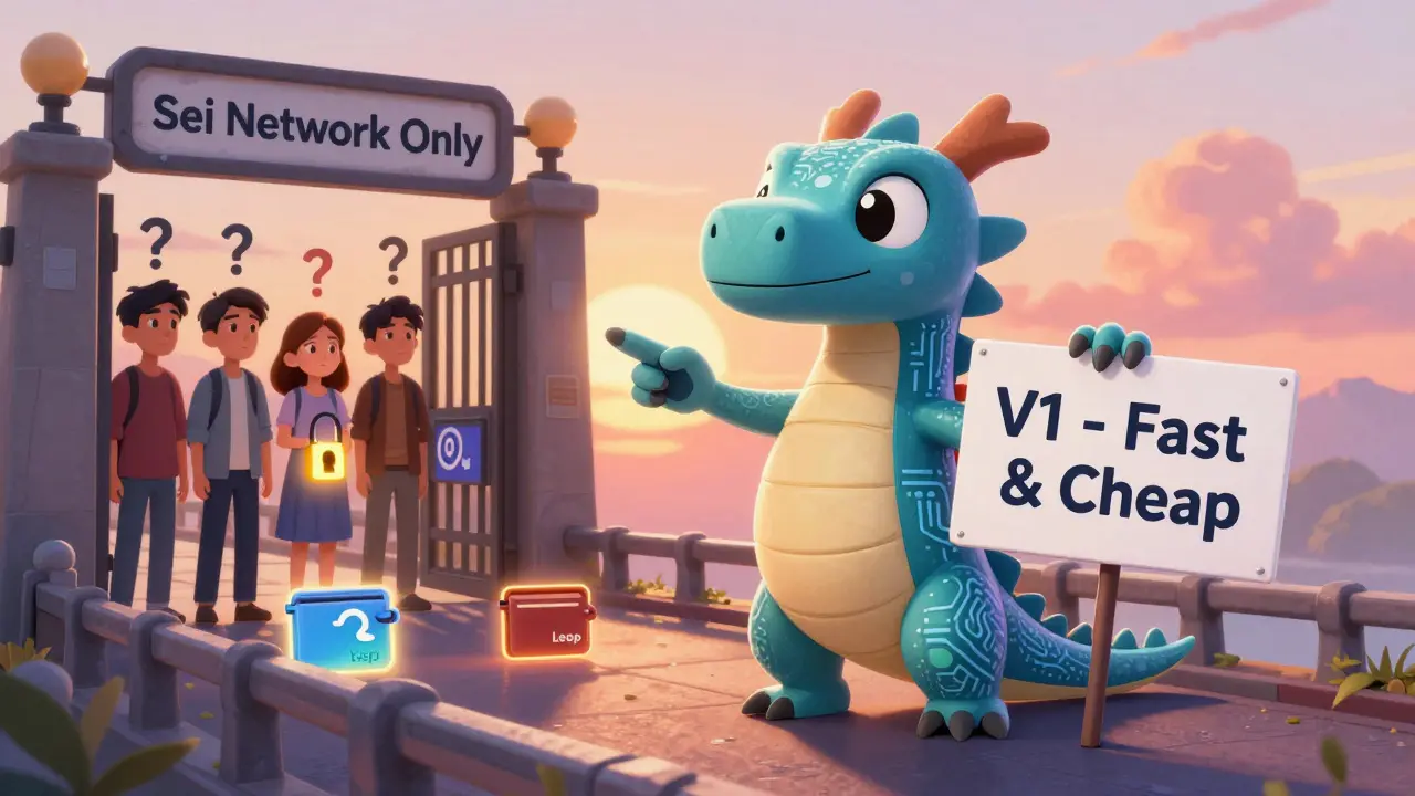 A friendly dragon robot explains DragonSwap V1&#039;s Sei-only limit, while confused users struggle with wallet connections.