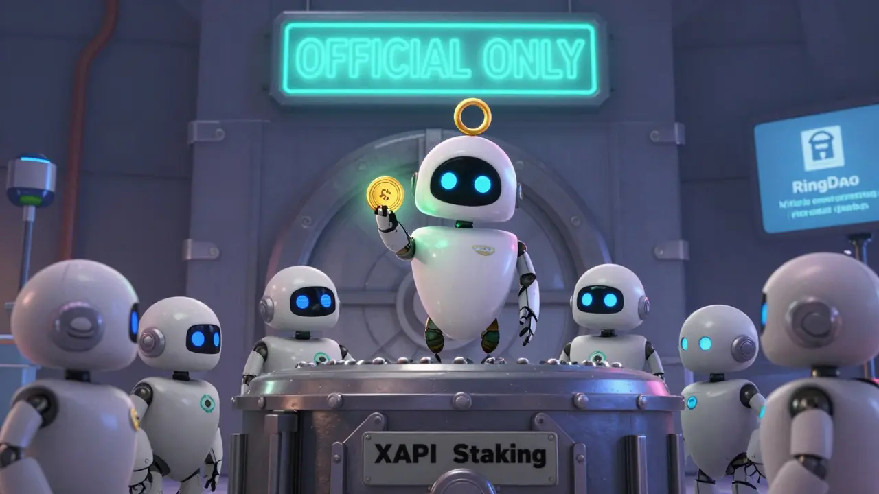 A friendly robot gives staking rewards atop a vault labeled XAPI, with an &#039;OFFICIAL ONLY&#039; sign in the background.