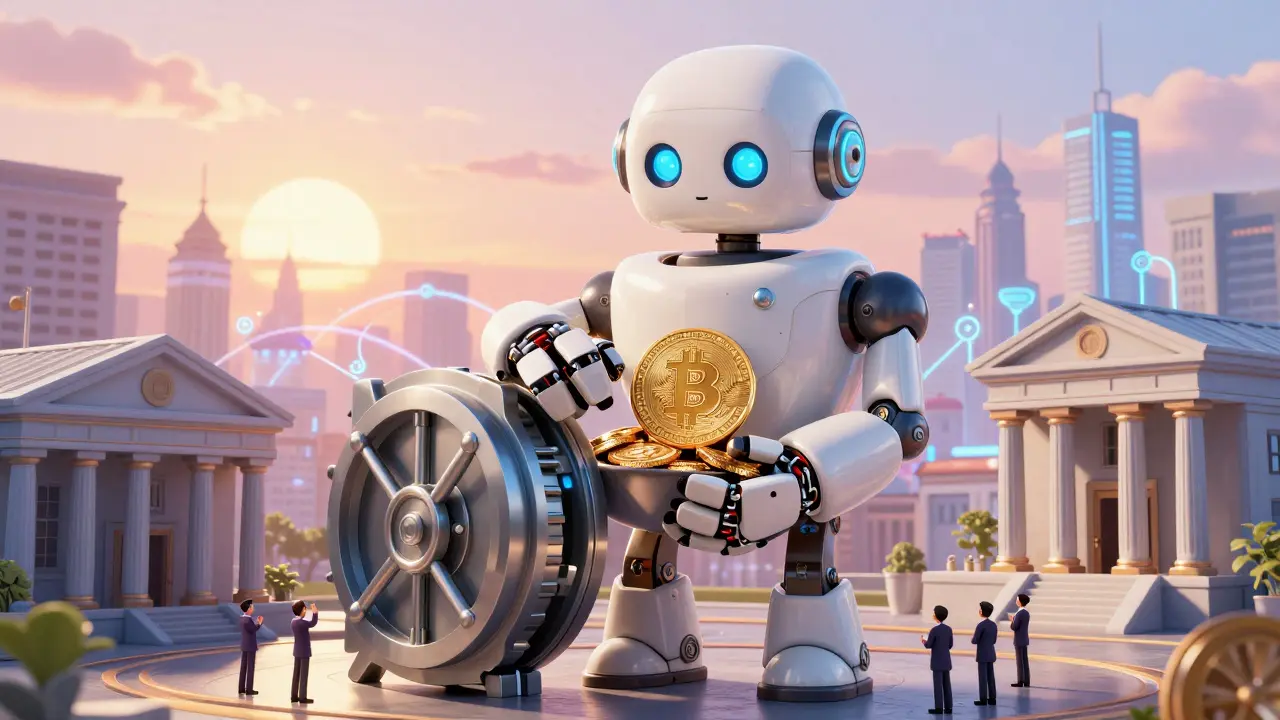 A friendly robot vault cradles Bitcoin and stablecoins beside traditional bank buildings under a sunrise, symbolizing finance evolution.
