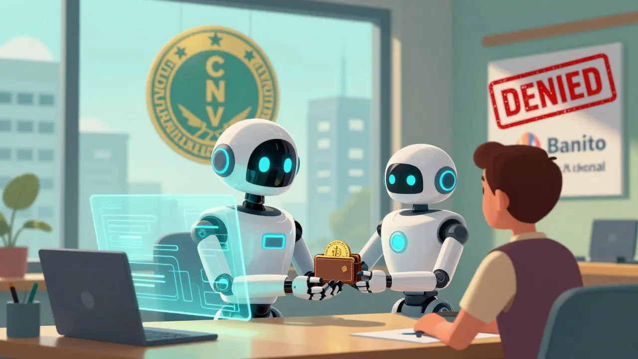 A futuristic Digital Agent office with holograms and a CNBV guardian emblem, showing regulated crypto services in Mexico.