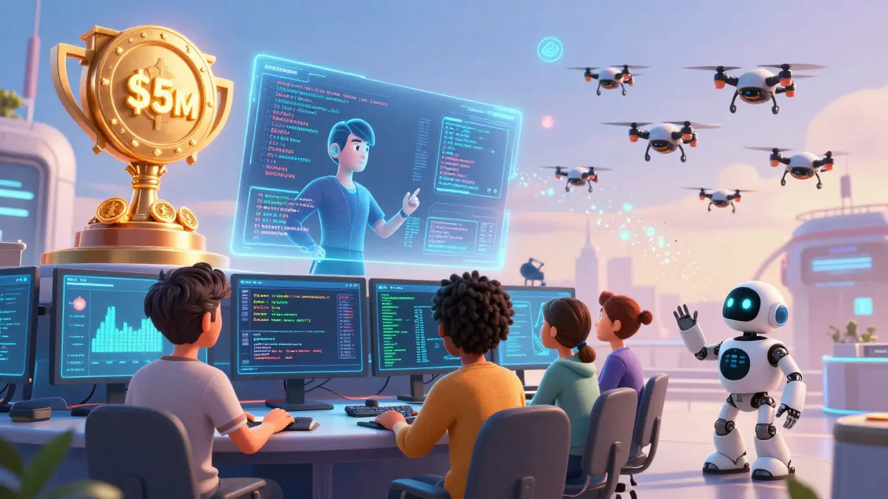 A futuristic security hub with AI avatars, live dashboards, and a giant bug bounty trophy.